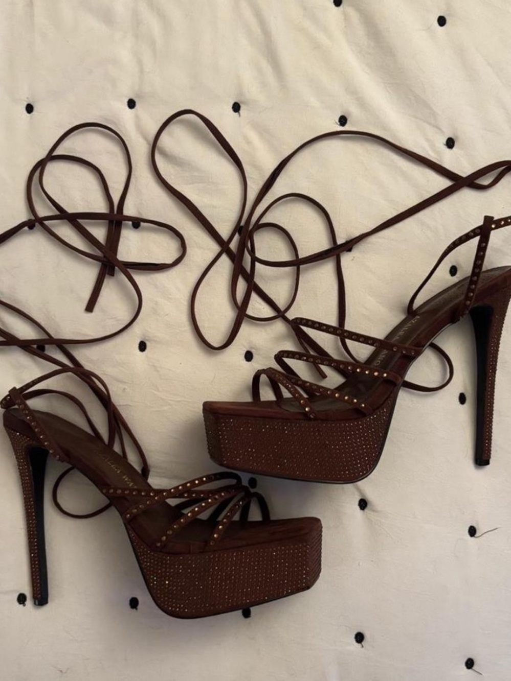 Azalea Wang Brown Lace-Up Platform Stiletto Sandals with Stud Detail